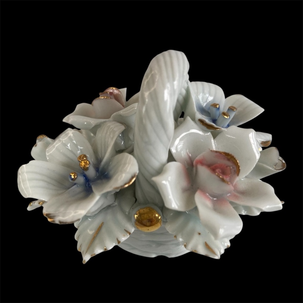 Capodimonte Style Ceramic Flower Basket Pink Blue White one Pedal Chipped